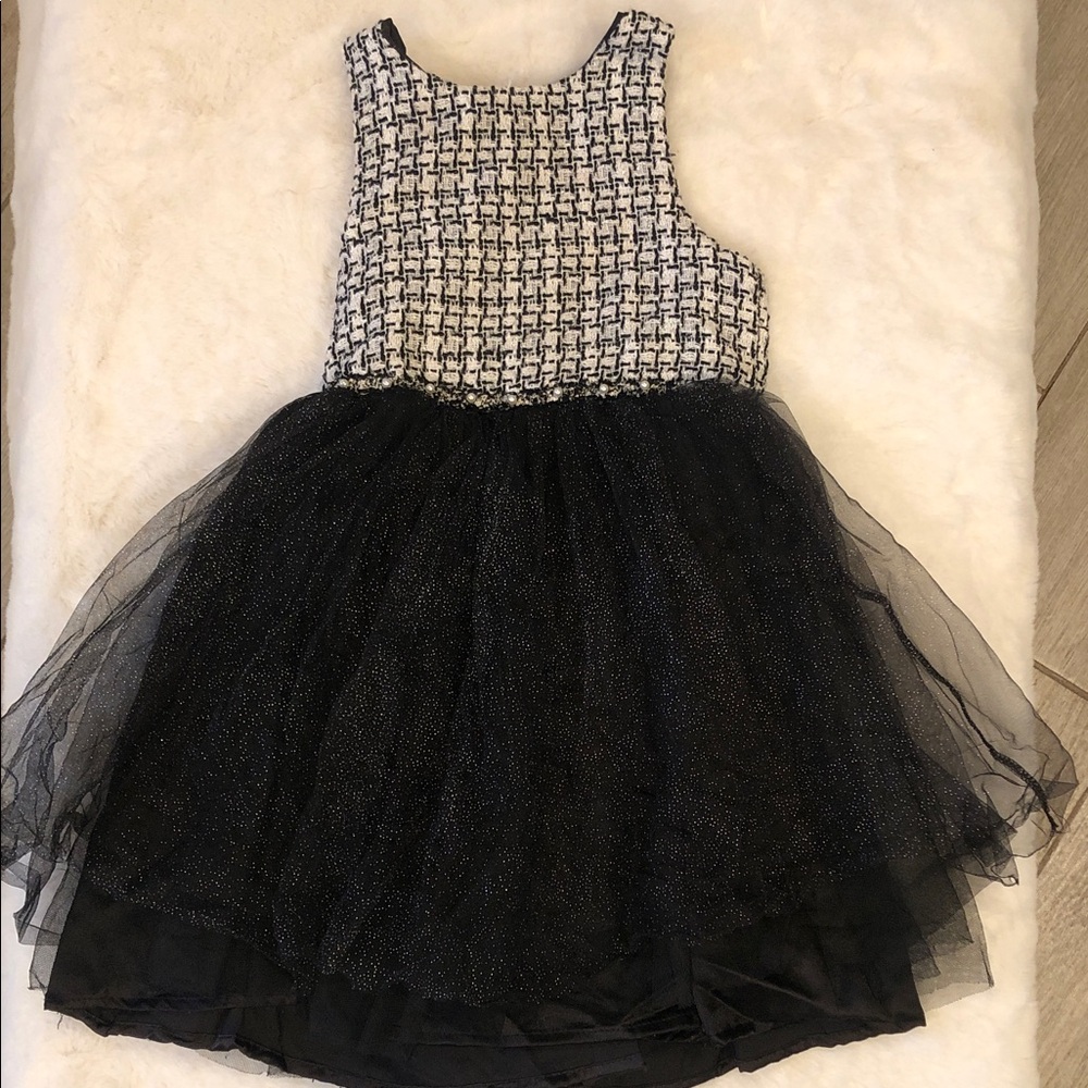 Girls First Black Tulle Party Dress with Woven White and Black Bodice Size 8